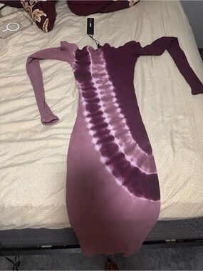 Fashion Nova Mauve & Deep Plum Tie-Dye Ribbed Long Sleeve Bodycon Dress